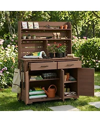 Streamdale Furniture Large Wooden Garden Potting Bench With Storage And Lockable Wheels