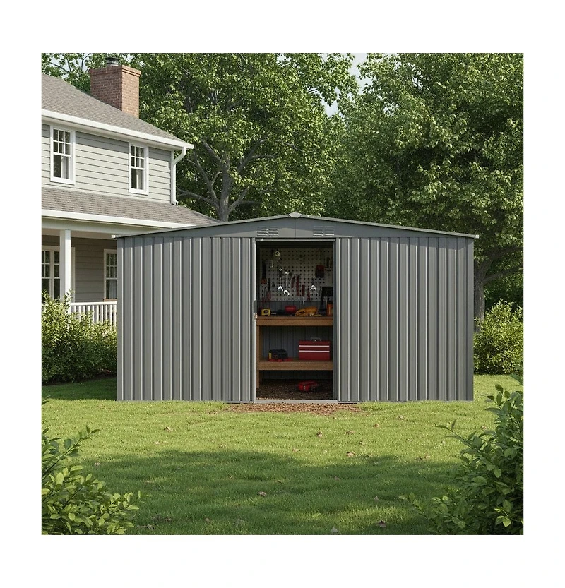 Mondawe 14 x 12 Feet Outdoor Metal Storage Shed with Firewood Storage, Apex Roof Garden Tool Shed