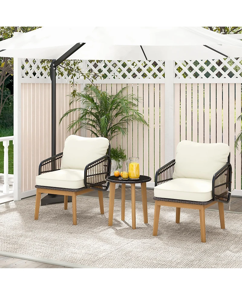 Gymax 3 Piece Patio Chair Set Wicker Chair and Side Table Set with Soft Cushions and Tempered Glass Tabletop