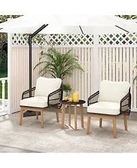 Gymax 3 Piece Patio Chair Set Wicker Chair and Side Table Set with Soft Cushions and Tempered Glass Tabletop