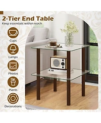 Sugift 2-Tier Square End Table with Shelf and Tempered Glass Top