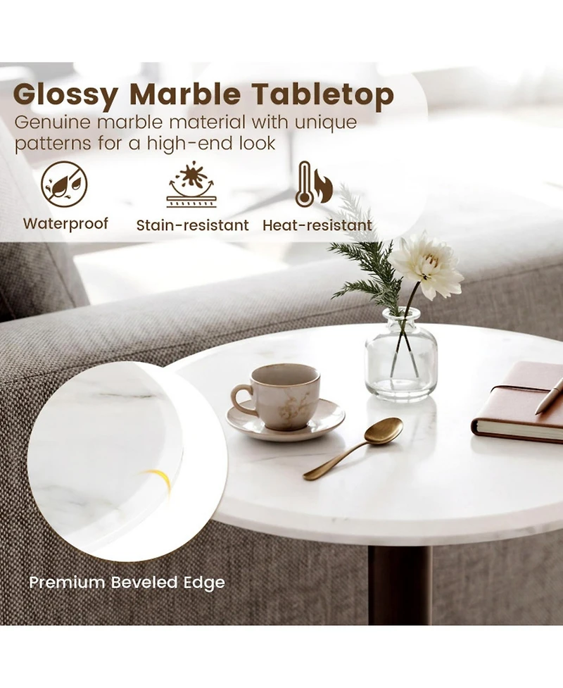 Sugift Round Marble Side Table Pedestal End Table with Stone Finish and Solid Wood Support