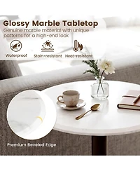 Sugift Round Marble Side Table Pedestal End Table with Stone Finish and Solid Wood Support