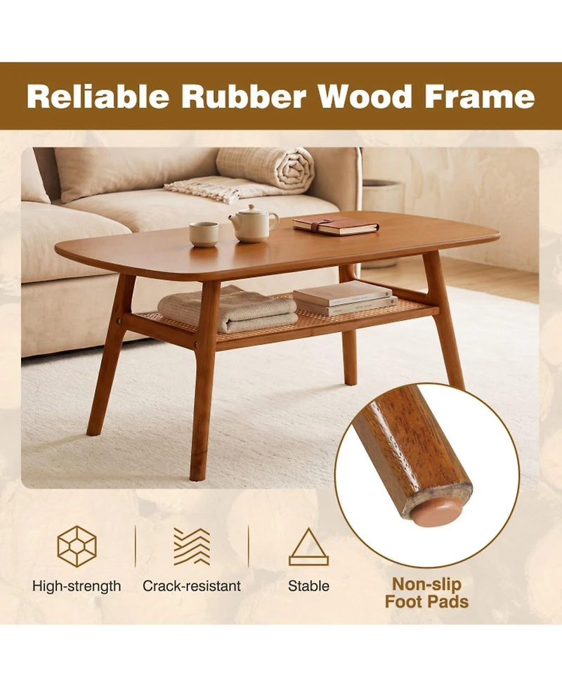Sugift 2-Tier Boho Rattan Table with Rounded Corners and Open Shelf