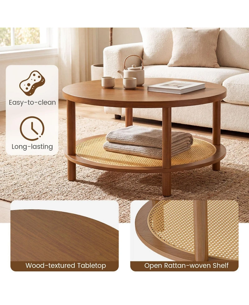 Sugift 2-Tier Boho Round Rattan Coffee Table with Storage Shelf