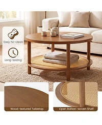 Sugift 2-Tier Boho Round Rattan Coffee Table with Storage Shelf