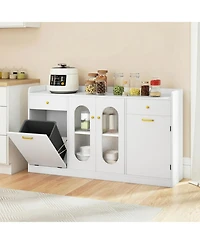 Sugift 55 Inch Buffet Cabinet with Hidden Tilt-Out Trash Can and 2 Glass Doors