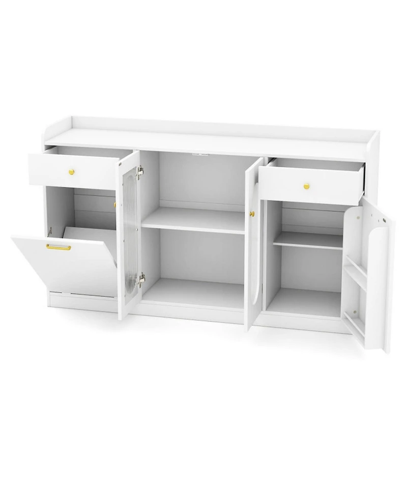Sugift 55 Inch Buffet Cabinet with Hidden Tilt-Out Trash Can and 2 Glass Doors