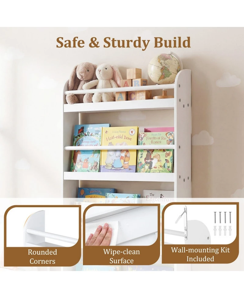 Sugift 4-Tier Wall Mounted Bookshelf Organizer for Toys and Books with Basswood Crossbar 5 Inch Depth
