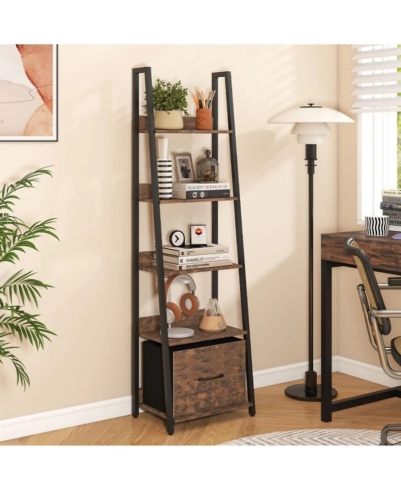 Sugift 5-Tier Ladder Bookshelf with Fabric Drawer for Home Office