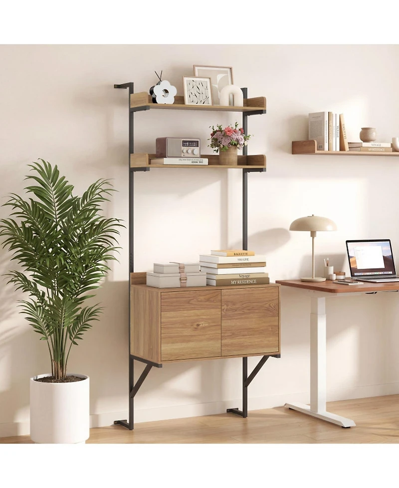 Sugift Tall Wall Mounted Ladder Bookcase with Storage Cabinet 2 Open Shelves Narrow Ladder Shelf