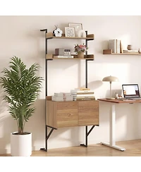 Sugift Tall Wall Mounted Ladder Bookcase with Storage Cabinet 2 Open Shelves Narrow Ladder Shelf