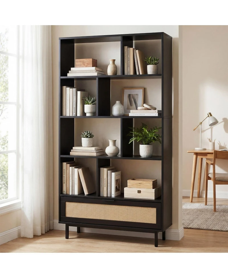 Sugift 64 Inch 6-Tier Tall Wooden Bookcase with 8 Open Cubes and Drawer