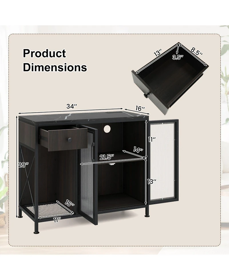 Sugift Buffet Sideboard with 2-Door Cabinet Power Outlets and Led Light
