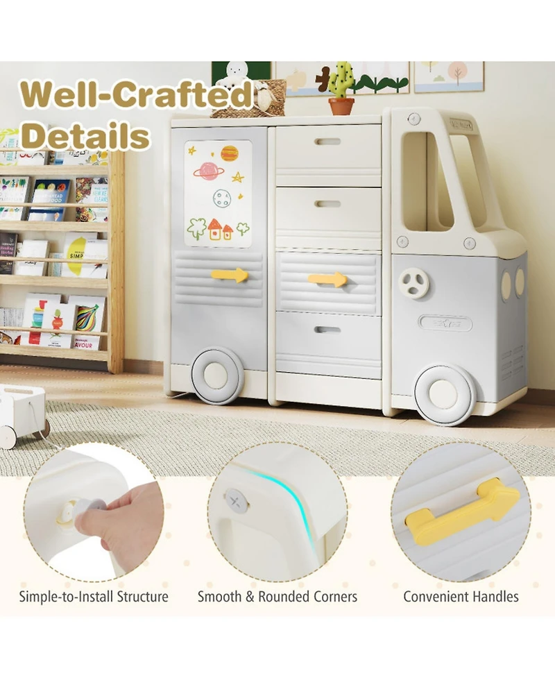 Sugift Kids Bus-Shaped Toy Storage Organizer Children Cabinet with 4 Pull-out Drawers and Whiteboard