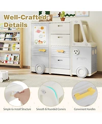 Sugift Kids Bus-Shaped Toy Storage Organizer Children Cabinet with 4 Pull-out Drawers and Whiteboard