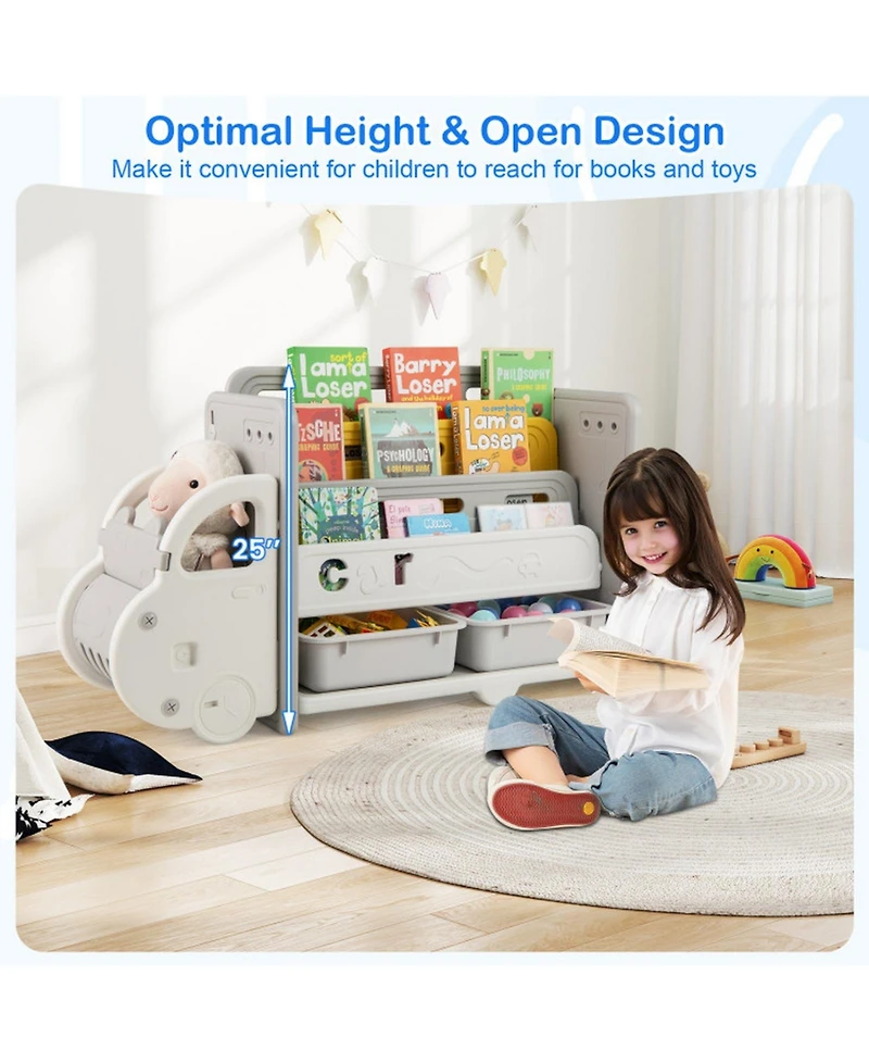 Sugift Car Themed Kids Toy Storage Bookshelf with 3-Tier Shelves and 2 Storage Boxes