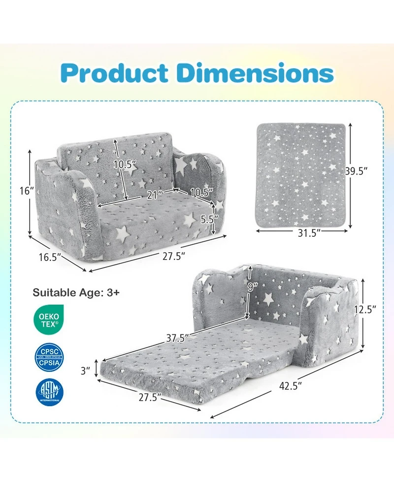 Sugift 2-in-1 Folding Kids Couch with Blanket Glow in the Dark