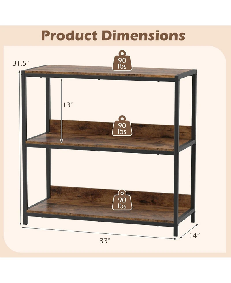 Sugift 3-Tier Industrial Bookshelf with Wooden Shelves and Metal Frame