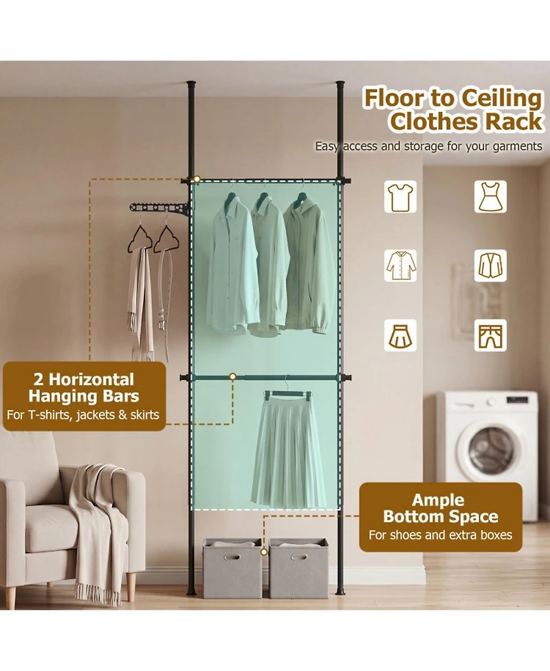 Sugift Adjustable Floor to Ceiling Clothes Rack with 2 Hanging Rods 102.5in-124in