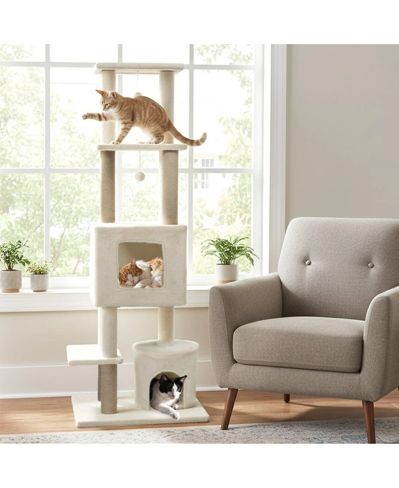 Sugift 64 in Tall Cat Tree with 2 Large Condos and Jute Scratching Posts for Indoor Adult Cats