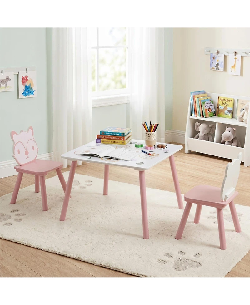 Sugift 3-Piece Kids Table and Chairs Set with Animal Patterns