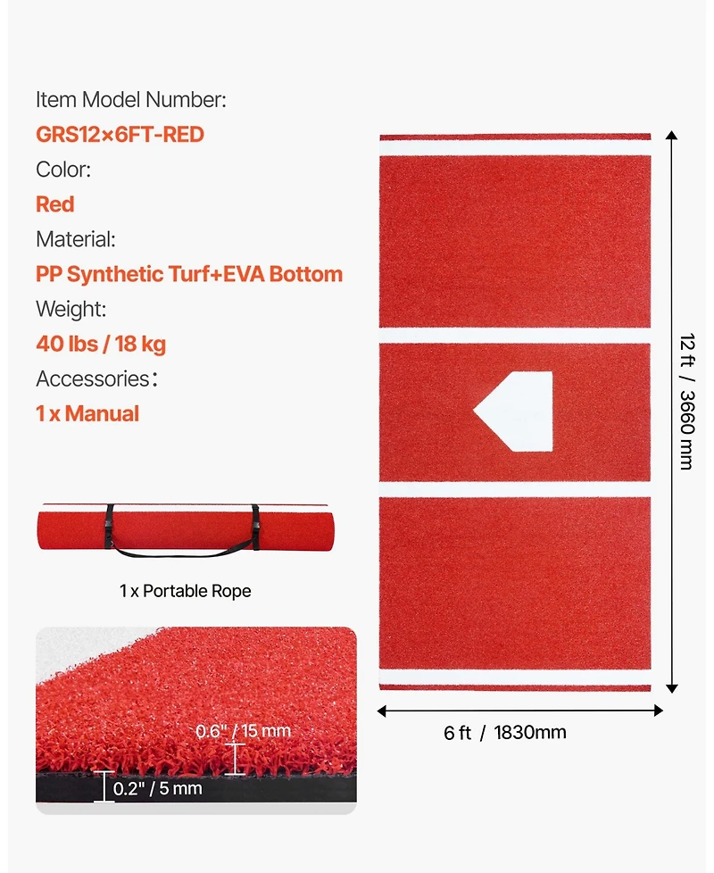 Hongge 12 x 6 ft Anti-Fade Synthetic Turf Baseball Batting Mat