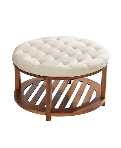 Slickblue Round Tufted Ottoman Coffee Table with Wooden Shelf, Linen Upholstered Accent Table