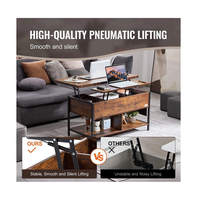 Slickblue Rectangle Lift Top Coffee Table with Charging Station, Hidden Storage and Ambient Led Lights