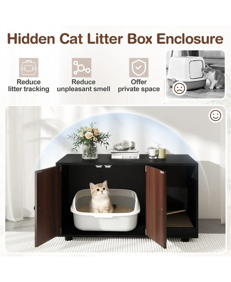 Sugift Wooden Cat Litter Box Enclosure Hidden Litter Box Furniture with Scratching Board
