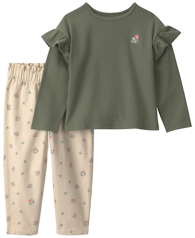 Carter's Baby Girls' Floral Print Ribbed Long-Sleeve Top and Twill Pants, 2-Piece Set