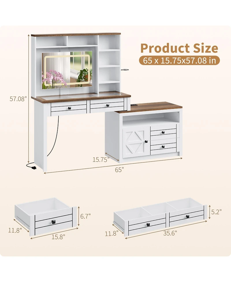 homfan Extendable Vanity Desk with Led Mirror, Power Outlet and 5 Drawers