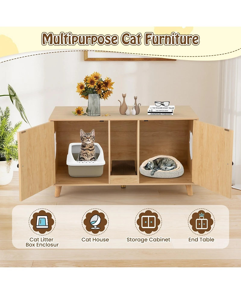 Sugift 43 in Cat Litter Box Enclosure with Double Rooms and 2 Sisal Scratching Mats
