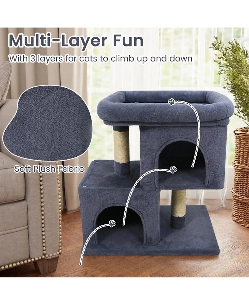 Sugift Modern Space-Saving Cat Tower with Upholstered Perch and 2 Cat Condos