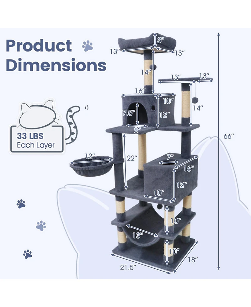 Sugift 66 in Tall Multi-Level Cat Tree Cat Tower with 2 Condos and Sisal Scratching Posts