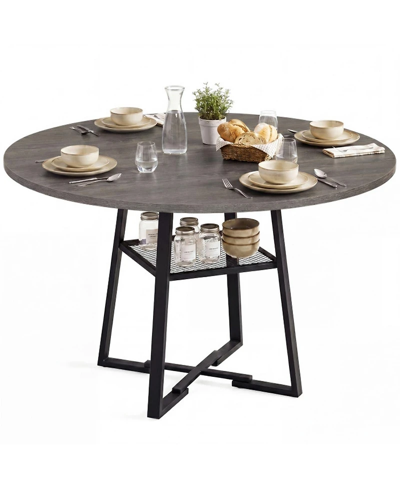 Sugift 47.5in Round Dining Table for 4-6 with Storage Shelf and Metal Legs