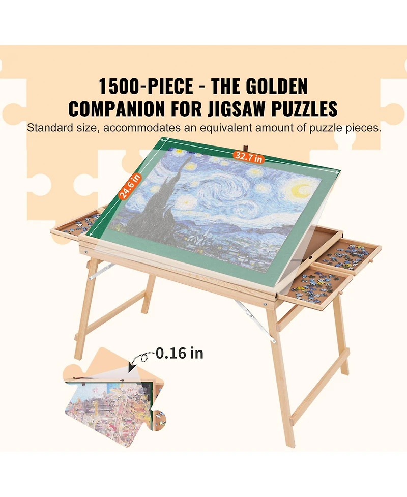 Sevorley 1500-Piece Wooden Puzzle Table with Folding Legs, 4 Drawers and Cover