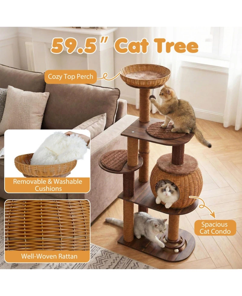 Sugift 59.5 in Multi-Level Cat Tree Tower with Pe Rattan Cat Condo Top Perch and Scratching Posts