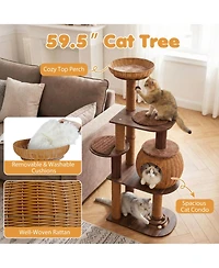 Sugift 59.5 in Multi-Level Cat Tree Tower with Pe Rattan Cat Condo Top Perch and Scratching Posts