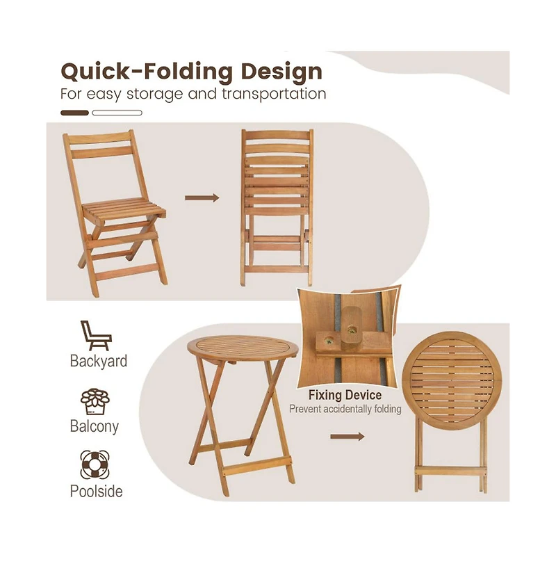 Boyel Living 3 Pieces Folding Patio Bistro Set with Slatted Tabletop