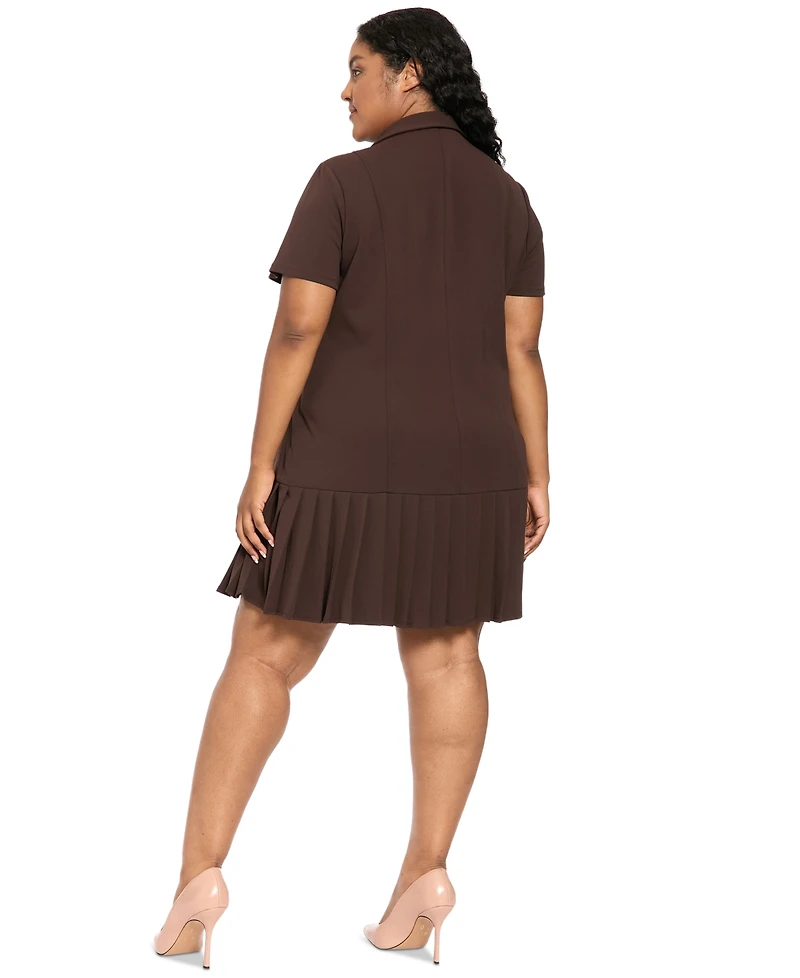 London Times Plus Collared Short-Sleeve Pleated Dress