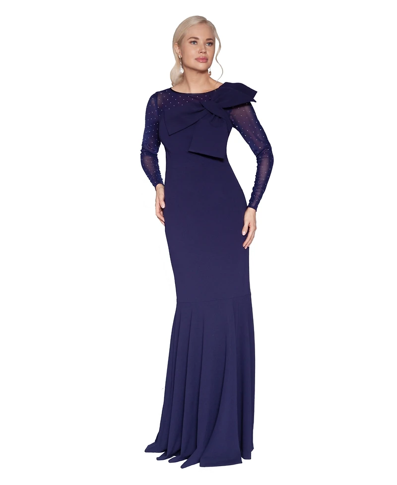 White Tie by Shani Women's Bow Long-Sleeve Mesh Gown, Created for Macy's