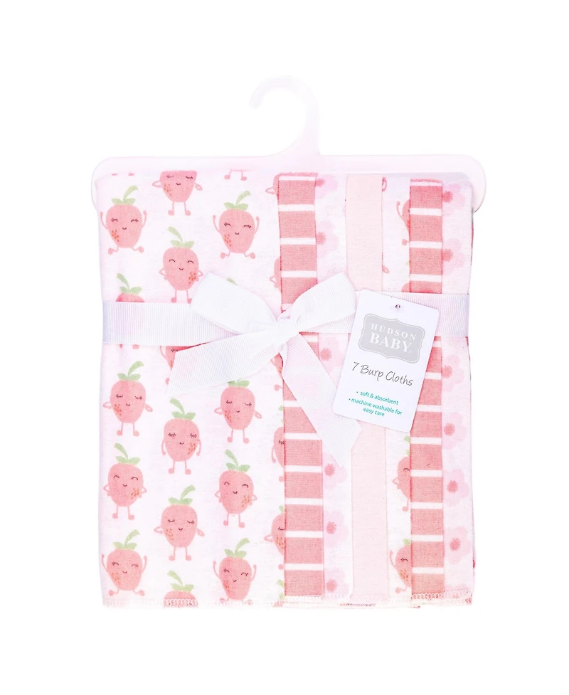 Hudson Baby Girl Cotton Poly Flannel Burp Cloths 7-Pack, Happy Strawberries