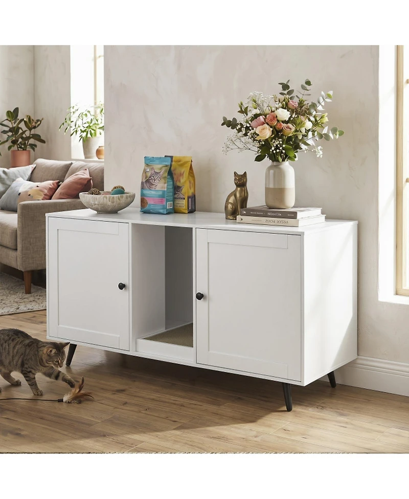 Sugift Double Cat Litter Box Enclosure for 2 Cats with Scratching Pad and Double Rooms