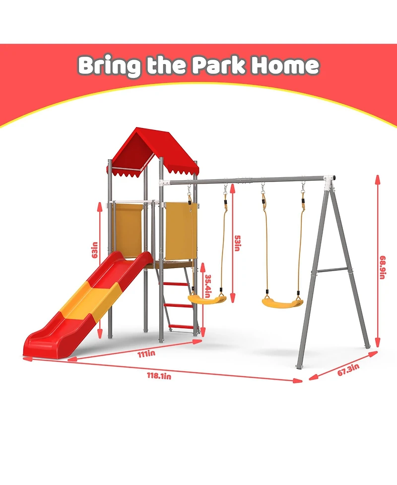 Zeny Metal and Plastic Treehouse Swing Set with Slide, Belt Swings, and Canopy - Safe, Sturdy, and Portable for Kids Ages 3-8