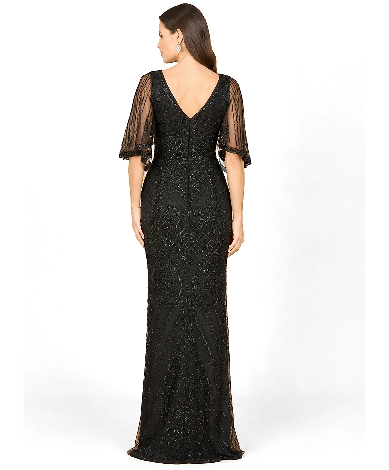 Lara Women's Cape-Sleeve V-Neck Beaded Gown