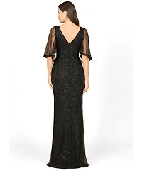 Lara Women's Cape-Sleeve V-Neck Beaded Gown