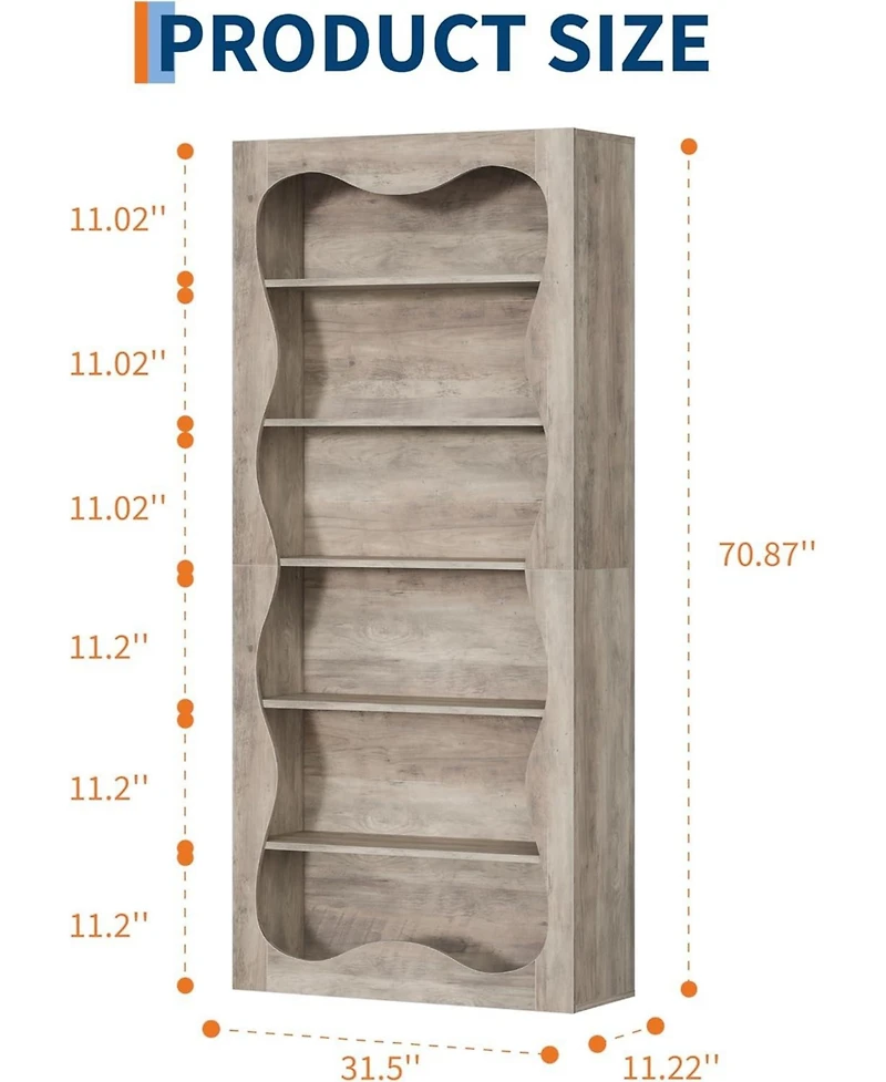 homfan 6-Tier Tall Wood Bookshelf with Scalloped Wavy Edges, Freestanding Display Shelf for Living Room, Office