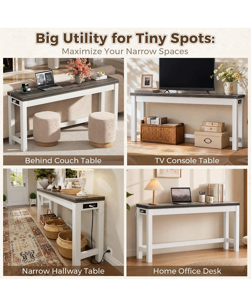 Aheaplus 63" Console Table with Charging Station, Entryway Tables for the Living Room