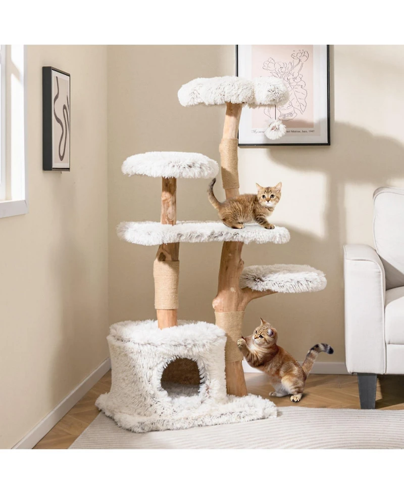 Sugift 53 in Modern Wooden Cat Tree Tower with Natural Branch Jute Scratching Posts and Condo